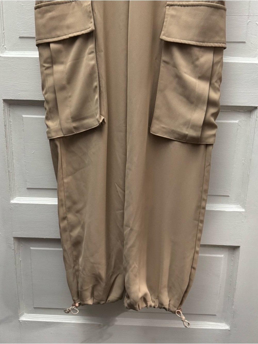 Skylar Rose Beige Strapless Cargo Jumpsuit Wide Leg Utility M - Picture 4 of 14